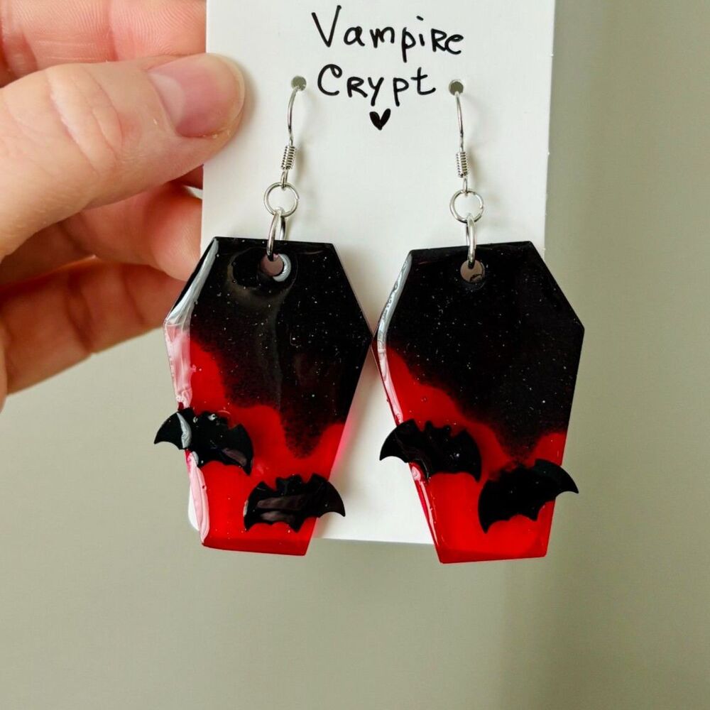 Vampire Coffin Earrings Blood Red Black Jewelry, Dark Romantic Gothic Halloween
